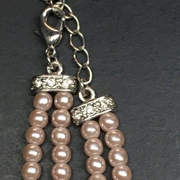 Pink Pearl Necklace Double Strand Rhinestone Silver Chain Soft Girl Barbie Retro - Picture 7 of 7